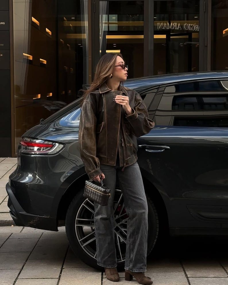 Overseize Distressed Brown Leather Jacket for All Retro, Casual Style - Classic Brown Designer leather jackets for women, Easter Sale